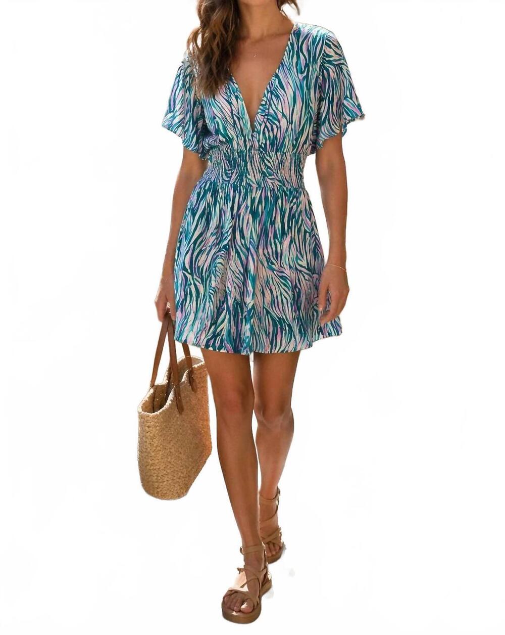 NEW MOLLY BRACKEN lili sidonio zebra smocked waist dress in emerald green zaza